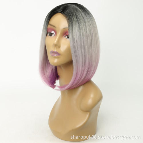 Shoulder Length Ombre Blonde Green Grey purple blonde Colors Straight Synthetic Wigs For Black Women